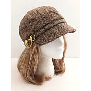 Old County Road Brown Plaid Newsboy Cap Gold Horsebit Trim O/S